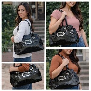 GUESS Black Patent Leather Handbag With Ostrich Pattern